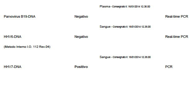 Il referto dei miei esami su herpes virus. Ho due herpes virus attivi che si replicano, l'HHV-7 (qui in foto) ed il temibile Epstein-Barr Virus (EBV).